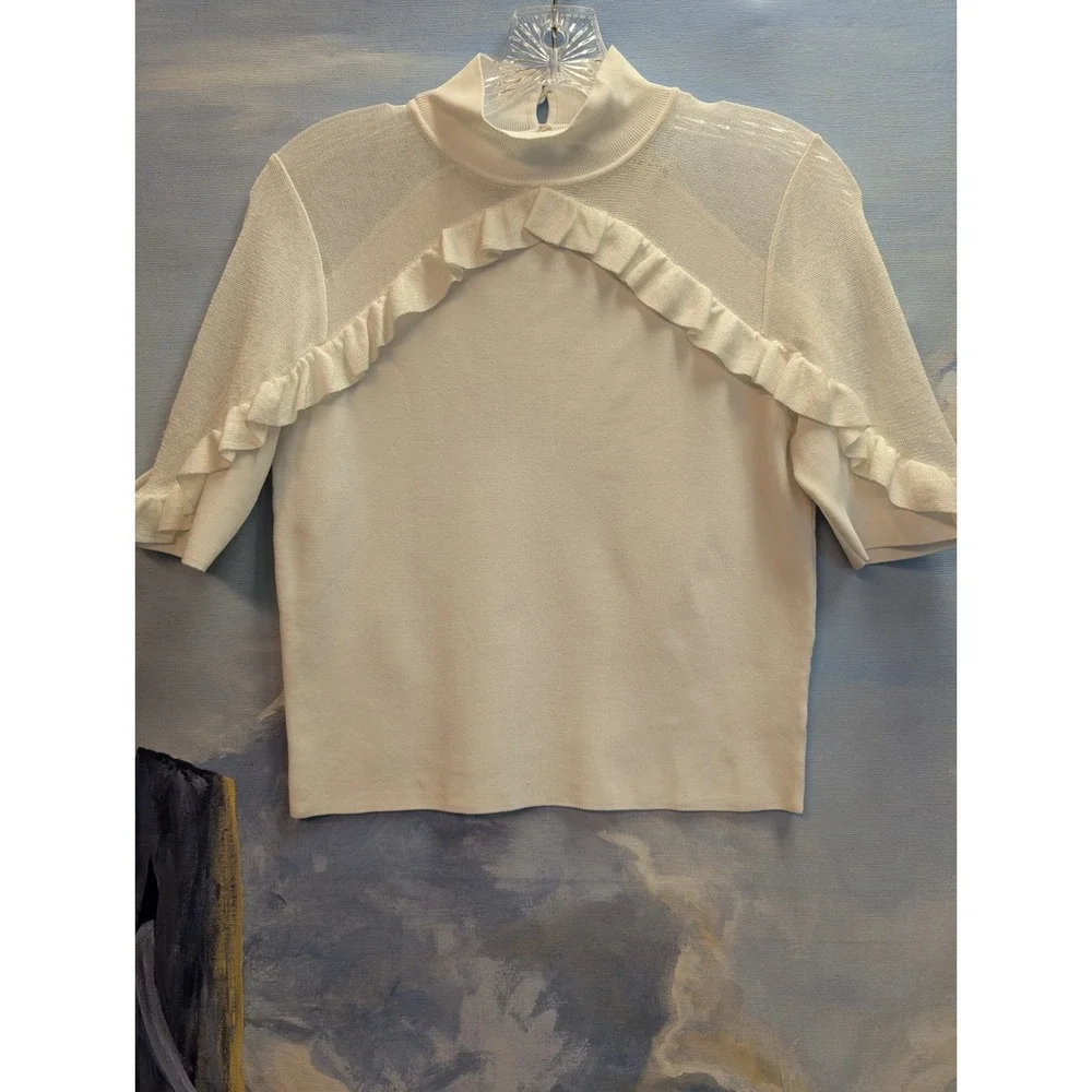 NEW! Alice + Olivia M White Knit 'Chiara' Ruffle Pullover Top Short Sleeve $360